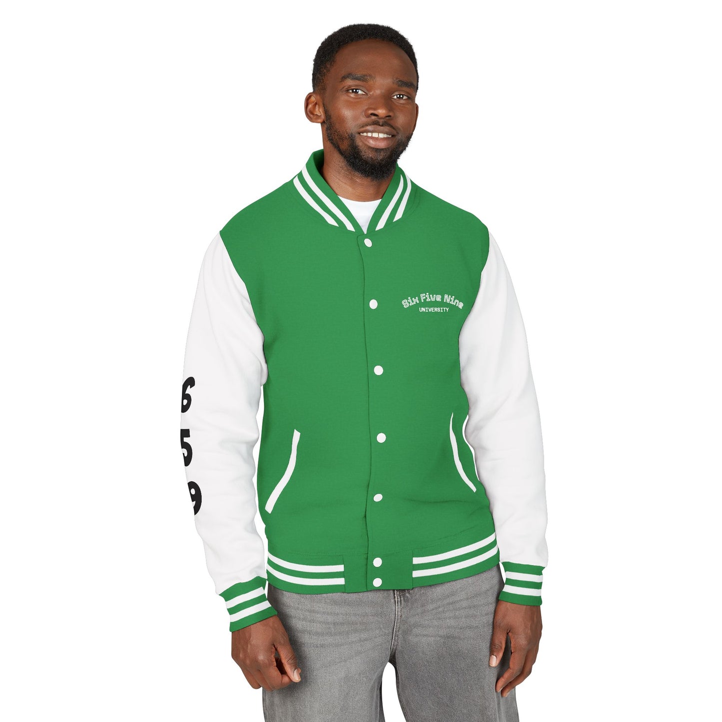Unisex 659 Heavyweight Letterman Jacket  (White/Black Accents)